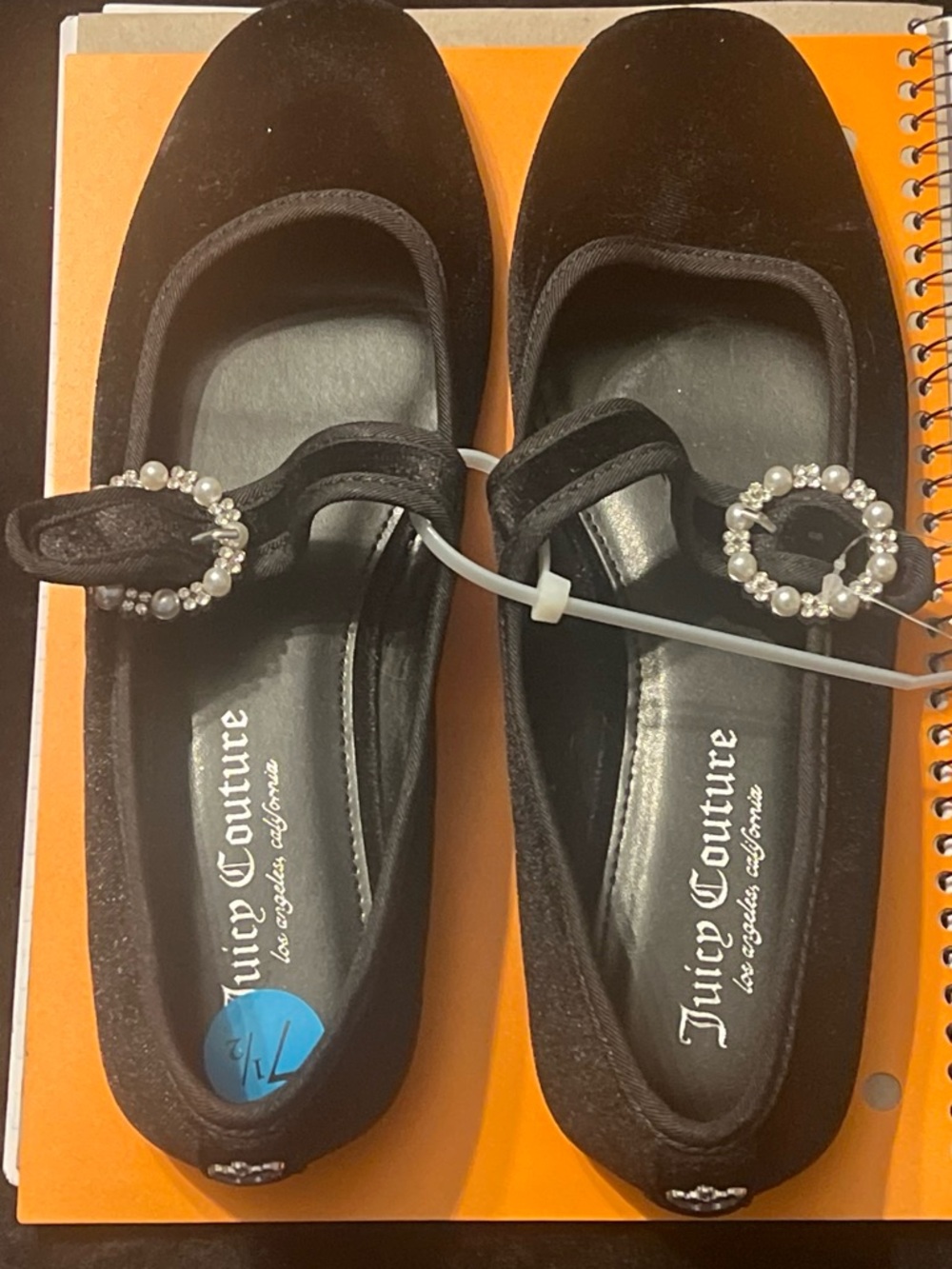 Juicy Couture Black Velvet Mary Jane Flats with Pearl Ring Buckles